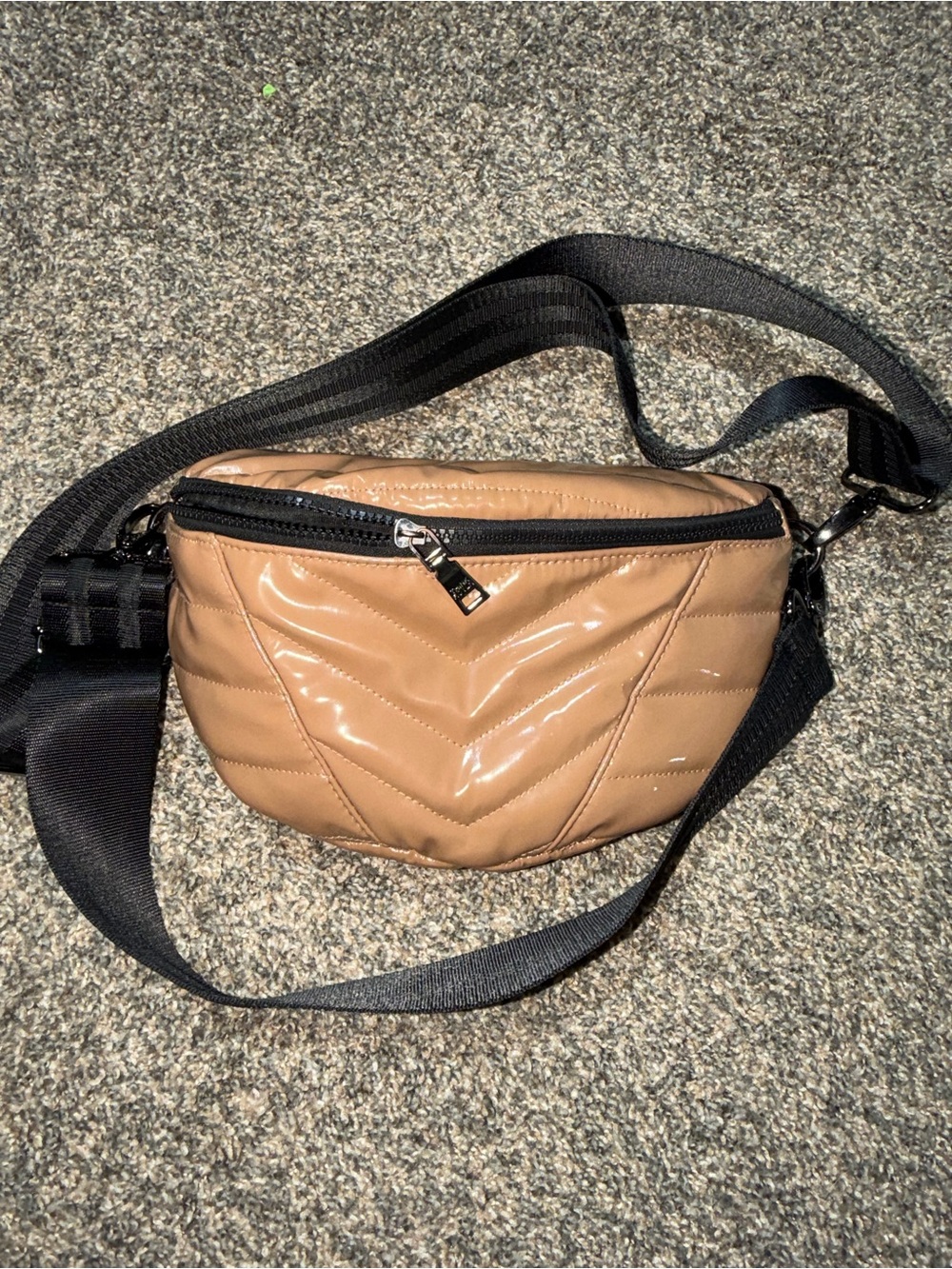 THINK ROYLN Quilted Tan Crossbody Belt Bag with Black Strap